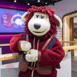 Maroon Suffolk Sheep mascot costume character dressed with a Coat and Bracelets