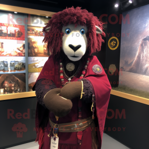 Maroon Suffolk Sheep mascot costume character dressed with a Coat and Bracelets