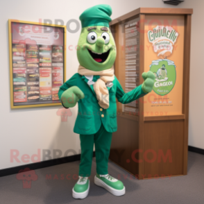 Green Goulash mascot costume character dressed with a Jacket and Ties