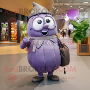 Gray Eggplant mascot costume character dressed with a Wrap Skirt and Backpacks