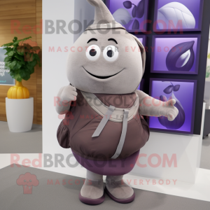 Gray Eggplant mascot costume character dressed with a Wrap Skirt and Backpacks