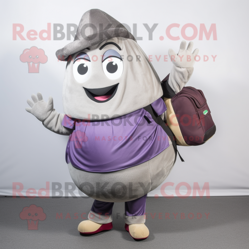 Gray Eggplant mascot costume character dressed with a Wrap Skirt and Backpacks