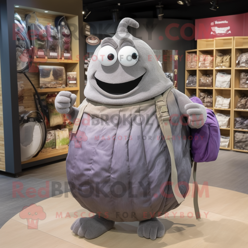 Gray Eggplant mascot costume character dressed with a Wrap Skirt and Backpacks