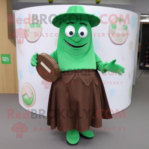 Green Chocolate Bars mascot costume character dressed with a Circle Skirt and Clutch bags