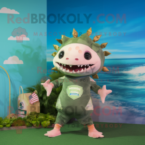 Olive Axolotls mascot costume character dressed with a One-Piece Swimsuit and Coin purses