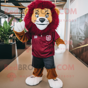 Maroon Lion mascot costume character dressed with a Oxford Shirt and Shoe laces