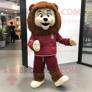 Maroon Lion mascot costume character dressed with a Oxford Shirt and Shoe laces