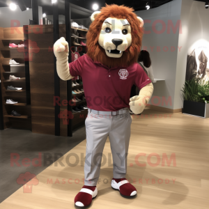 Maroon Lion mascot costume character dressed with a Oxford Shirt and Shoe laces