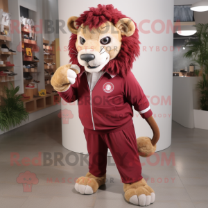 Maroon Lion mascot costume character dressed with a Oxford Shirt and Shoe laces