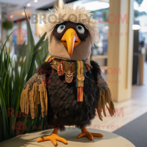 Tan Blackbird mascot costume character dressed with a Cardigan and Bracelets