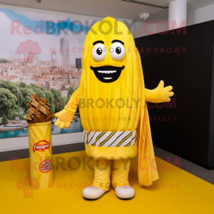 Yellow French Fries mascot costume character dressed with a Jumpsuit and Scarves