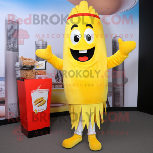 Yellow French Fries mascot costume character dressed with a Jumpsuit and Scarves