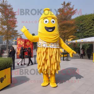 Yellow French Fries mascot costume character dressed with a Jumpsuit and Scarves