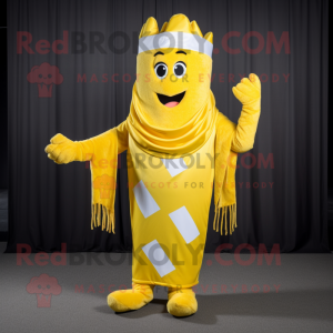 Yellow French Fries mascot costume character dressed with a Jumpsuit and Scarves