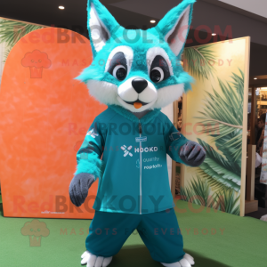 Turquoise Fox mascot costume character dressed with a Board Shorts and Cummerbunds