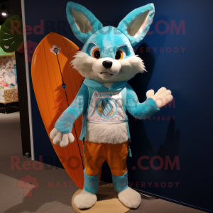 Turquoise Fox mascot costume character dressed with a Board Shorts and Cummerbunds