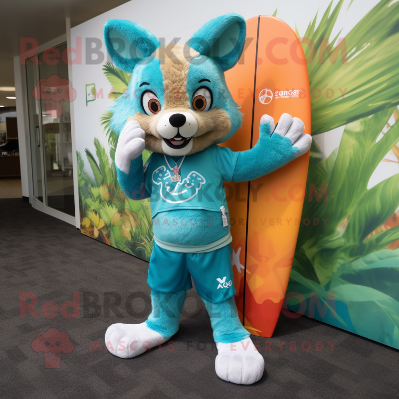 Turquoise Fox mascot costume character dressed with a Board Shorts and Cummerbunds