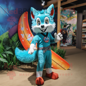 Turquoise Fox mascot costume character dressed with a Board Shorts and Cummerbunds