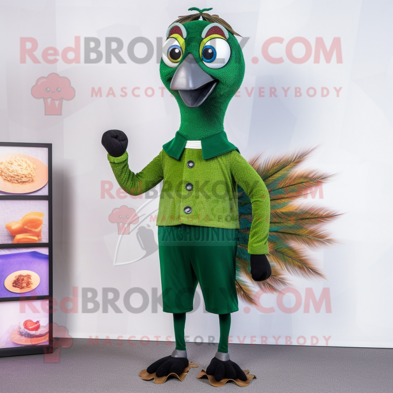 Forest Green Peacock mascot costume character dressed with a Trousers and Shoe clips Forest Green Peacock mascot costume character dressed with a Trousers and Shoe clips