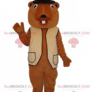 Beaver mascot with a beige vest and a black hat - Redbrokoly.com