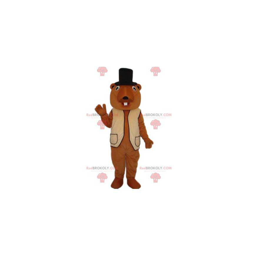 Mascotte de castor avec un gilet beige et un chapeau noir - Mascotte de castor avec un gilet beige et un chapeau noir -