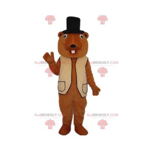 Beaver maskot med beige vest og svart hatt - Redbrokoly.com
