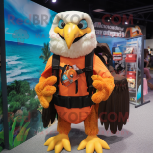 Orange Bald Eagle mascot costume character dressed with a Bikini and Backpacks