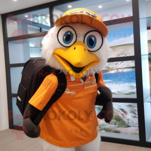 Orange Bald Eagle mascot costume character dressed with a Bikini and Backpacks