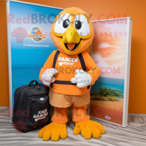 Orange Bald Eagle mascot costume character dressed with a Bikini and Backpacks