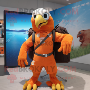 Orange Bald Eagle mascot costume character dressed with a Bikini and Backpacks