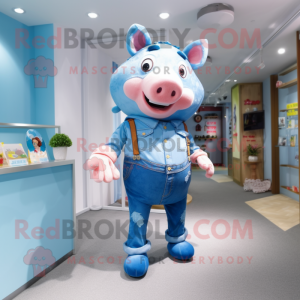 Sky Blue Pig mascot costume character dressed with a Flare Jeans and Anklets