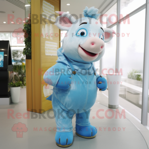 Sky Blue Pig mascot costume character dressed with a Flare Jeans and Anklets