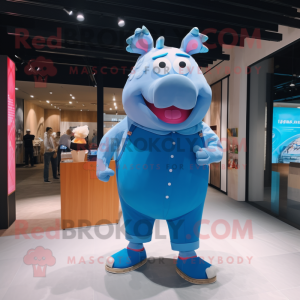 Sky Blue Pig mascot costume character dressed with a Flare Jeans and Anklets