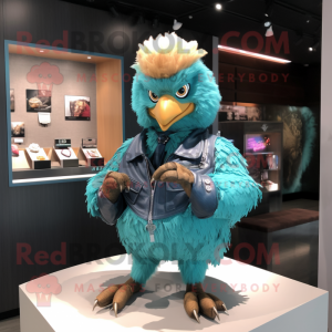 Teal Fried Chicken mascot costume character dressed with a Leather Jacket and Bracelet watches