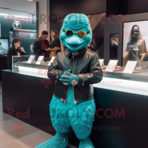 Teal Fried Chicken mascot costume character dressed with a Leather Jacket and Bracelet watches