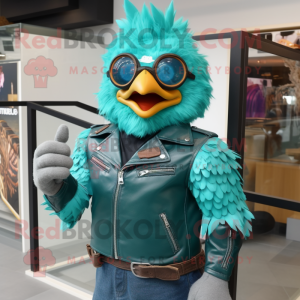 Teal Fried Chicken mascot costume character dressed with a Leather Jacket and Bracelet watches