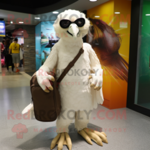 White Vulture mascot costume character dressed with a Romper and Messenger bags