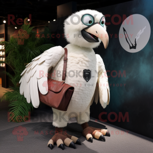 White Vulture mascot costume character dressed with a Romper and Messenger bags