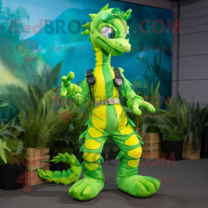 Lime Green Seahorse mascot costume character dressed with a Jumpsuit and Suspenders