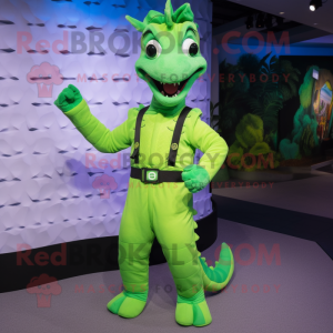 Lime Green Seahorse mascot costume character dressed with a Jumpsuit and Suspenders