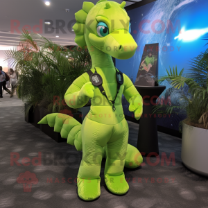 Lime Green Seahorse mascot costume character dressed with a Jumpsuit and Suspenders