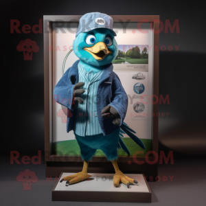 Teal Blue Jay mascot costume character dressed with a Cardigan and Watches