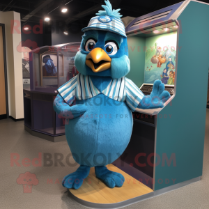 Teal Blue Jay mascot costume character dressed with a Cardigan and Watches