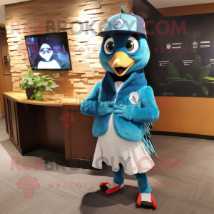 Teal Blue Jay mascot costume character dressed with a Cardigan and Watches