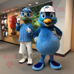 Teal Blue Jay mascot costume character dressed with a Cardigan and Watches