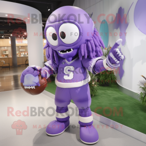 Lavender American Football Helmet mascot costume character dressed with a Midi Dress and Rings