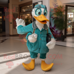 Teal Goose mascot costume character dressed with a Chinos and Rings