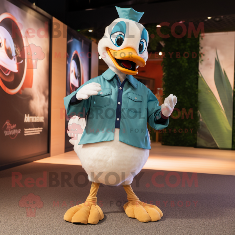 Teal Goose mascot costume character dressed with a Chinos and Rings