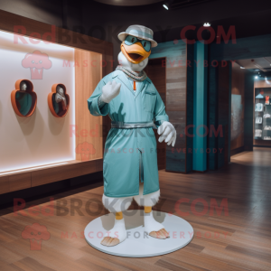 Teal Goose mascot costume character dressed with a Chinos and Rings