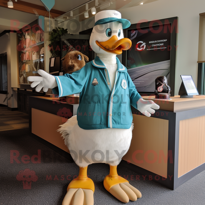 Teal Goose mascot costume character dressed with a Chinos and Rings Teal Goose mascot costume character dressed with a Chinos and Rings